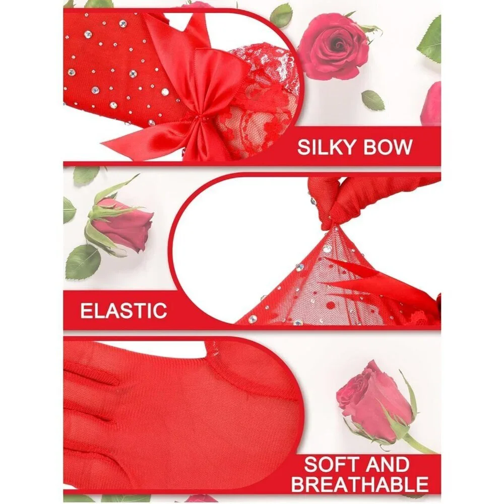 Women's Evening Rhinestones Red Short Lace Bow Gloves Accessories Halloween